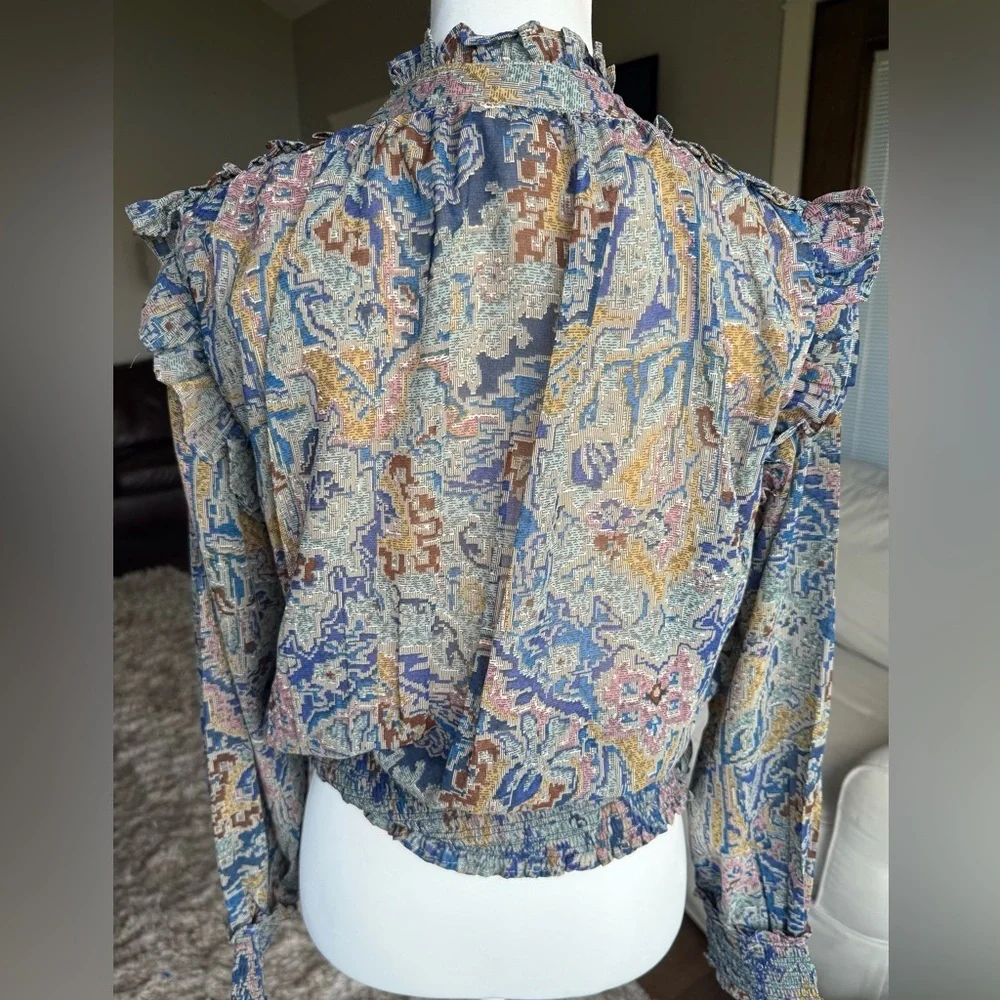 Elan XS Long Sleeve Multicolor Blouse With Shoulder Ruffle, Cinched Waist - Picture 3 of 7